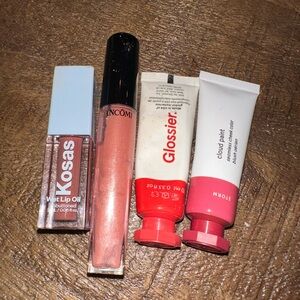 set of makeup - Kosas Wet Lip Oil, Lancome Lip Gloss, Glossier Cloud Paint